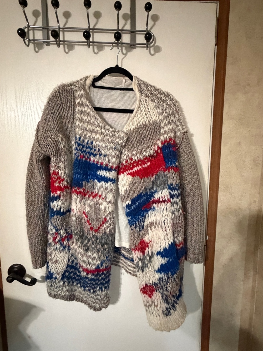 Free People Chunky Open-Front Cardigan in Cream, Gray, Blue & Red